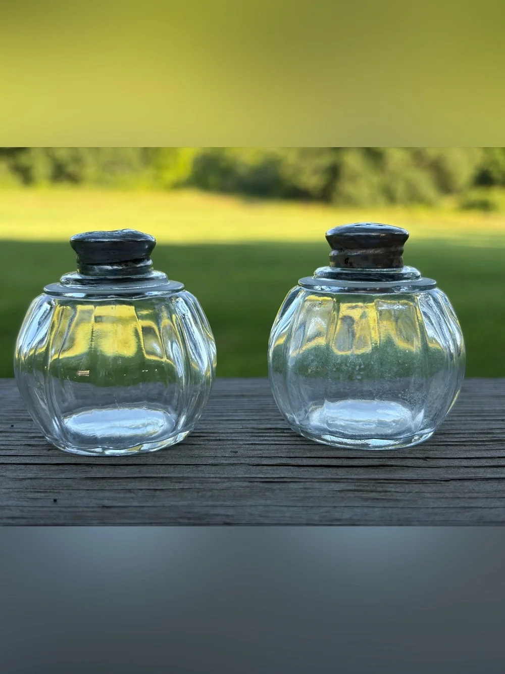Vintage Fluted Glass Salt and Pepper Shaker Set with Metal Lids Circa 1920s